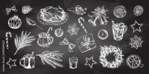 Hand-drawn Christmas set in sketch style isolated on chalkboard background. Festive decoration: wreath, gift, sweets, food, Christmas tree decor, drinks and spices sketches. Ingraved.