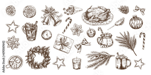 Hand-drawn Christmas set in sketch style. Festive decoration: wreath, gift, sweets, food, Christmas tree decor, drinks and spices sketches. Vintage design elements for winter holyday. Ingraved. photo