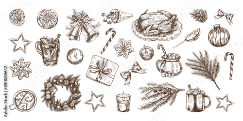Hand-drawn Christmas set in sketch style. Festive decoration: wreath, gift, sweets, food, Christmas tree decor, drinks and spices sketches. Vintage design elements for winter holyday. Ingraved.