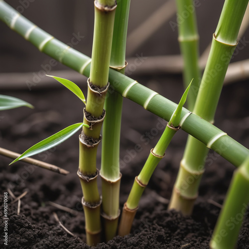 Fresh small bamboo sprout shoots emerge from the earth, growth in dark brown soil displaying their vibrant green hues and intricate patterns