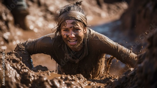 Woman climbing out of a muddy pit photo