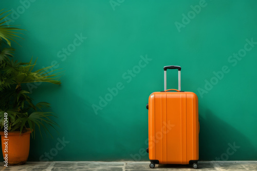 An orange suitcase and a plant against the green wall. Travel concept with space for text