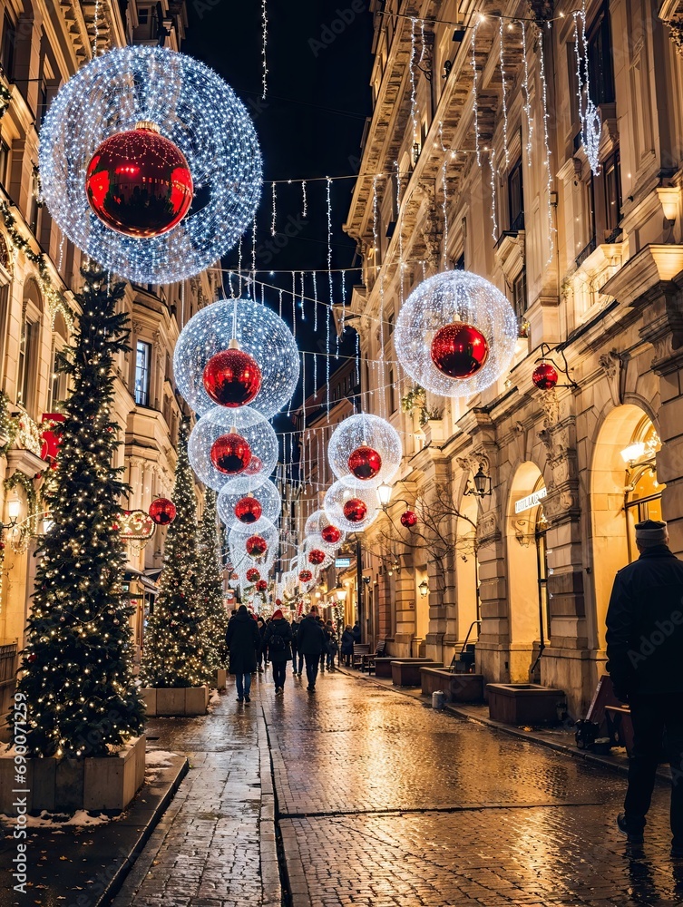 rue commerçante illuminée et décorée à l'occasion des fêtes de noël de ...