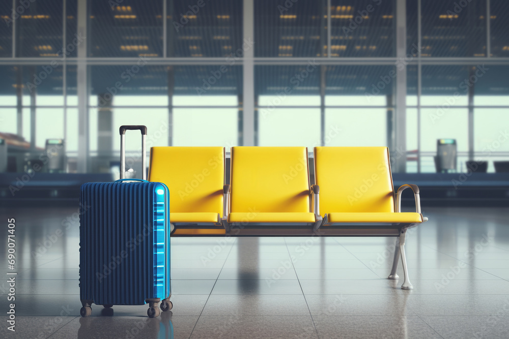 Naklejka premium A blue suitcase near yellow bench at the modern airport building. Travel concept with space for text