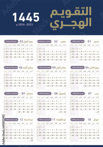 Hijri islamic 1444-1455 and Gregorian calendar for 2023. Vector Annual Calendar template with week start sunday.translation (Islamic New Year 1445 ) . 