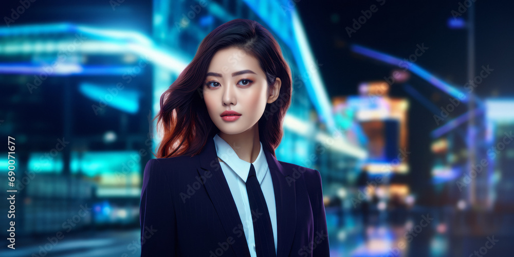 Beautiful Asian businesswoman in elegant suit against the wide backdrop of city lights with a blurred background