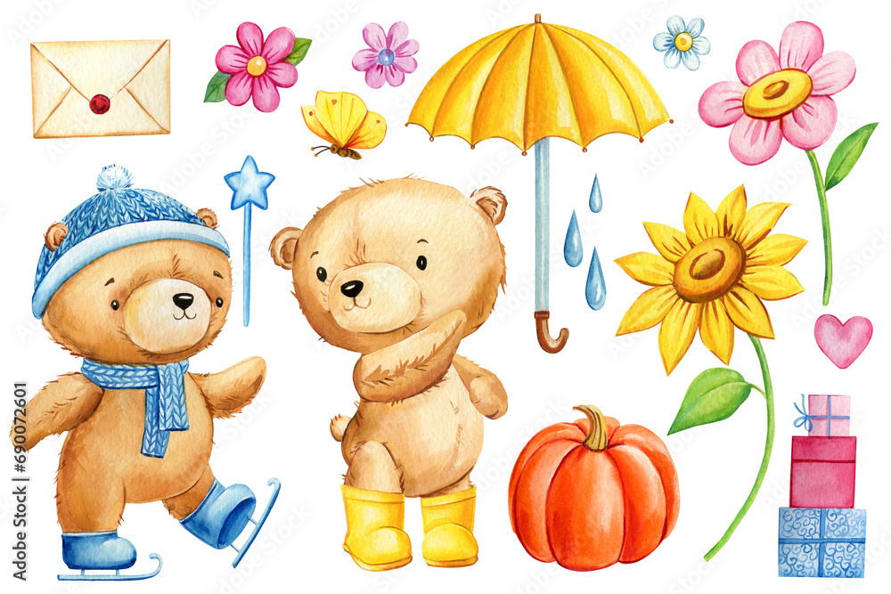 Fototapeta premium Teddy bear set elements on isolated white background. Watercolor illustration, cute baby bear, clipart