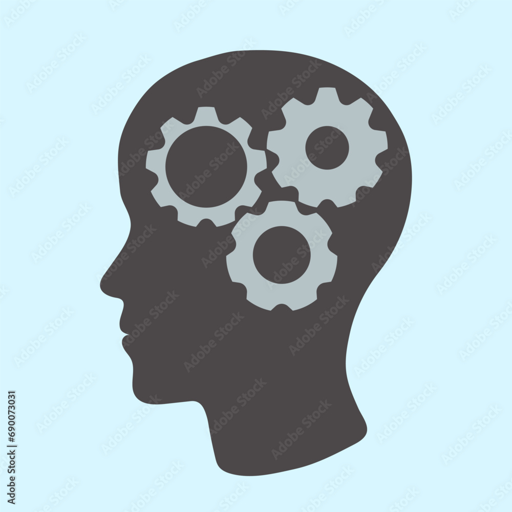 human head silhouette in flat vector style. a minimalistic view of the head in profile instead of a gear brain. concept or metaphor of the brain as a machine, brain work, brain activity, mind human head silhouette in flat vector style. a minimalistic view of the head in profile instead of a gear brain. concept or metaphor of the brain as a machine, brain work, brain activity, mind