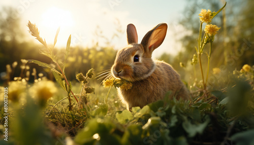 Recreation of cute rabbit staring in the field photo
