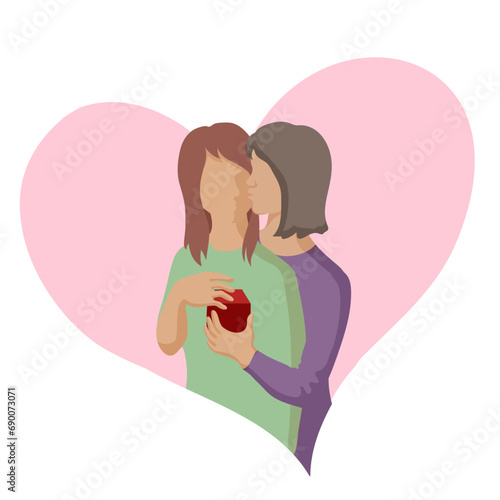 women are in love, woman stands kissing her girlfriend or wife on the cheek while giving a red gift box. a woman in love gives a gift to her lover