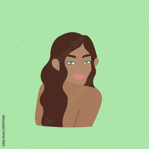 beautiful female portrait in flat style. a dark skinned woman without clothes stands with her back turned to the viewer