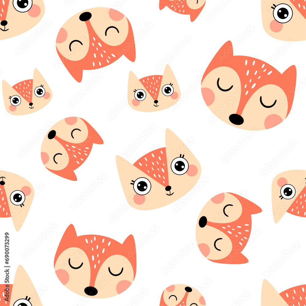 Fox seamless pattern. Cute animal face digital paper. Fox head pattern in cartoon flat style. Fox seamless pattern. Cute animal face digital paper. Fox head pattern in cartoon flat style.