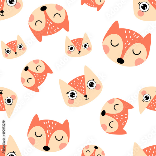 Fox seamless pattern. Cute animal face digital paper. Fox head pattern in cartoon flat style.