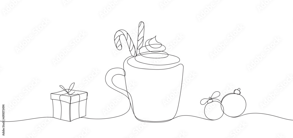 Christmas line drawing of a cup cocoa with Christmas candy cone, gift box and New Year's balls. Continuous line Merry Christmas banner, minimalist style. Winter outline cocoa mug in silhouette.