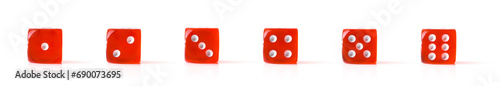 Set of red dice showing all faces isolated white