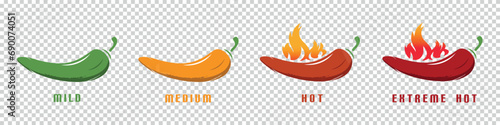 Chili Mild, Medium, Hot, Extreme Hot With Flame - Colorful Vector Illustration Isolated On Transparent Background