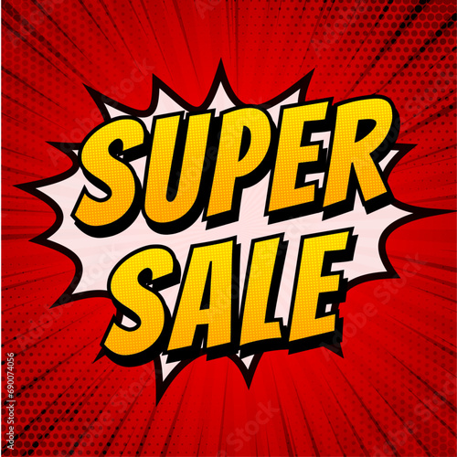 Super sale banner, Orange sale web banner. Pop art comic sale discount promotion banner. Big sale background.