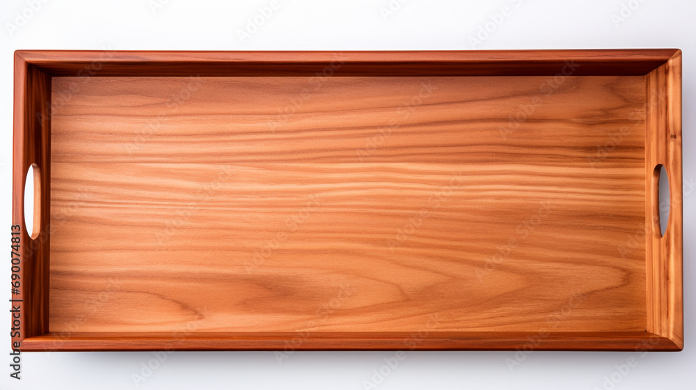 One empty wooden tray isolated on white, AI Generative.