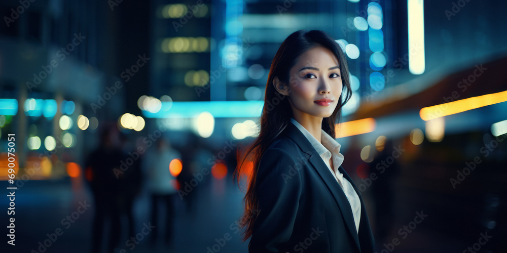 Beautiful Asian businesswoman in elegant suit against the wide backdrop of city lights with a blurred background