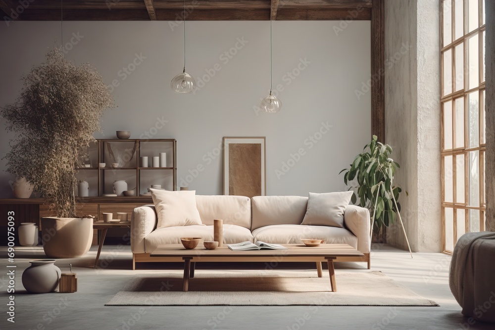 Fototapeta premium Stylish interior of the living room with a sofa minimalism natural materials