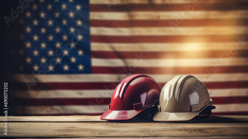 Two hard hats and American flag on background. Happy Labor day concept