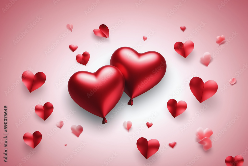 Valentine's Day hearts. Realistic 3d design, hearts with bright light decorative  confetti. Romantic background, creative banner, web poster. illustration