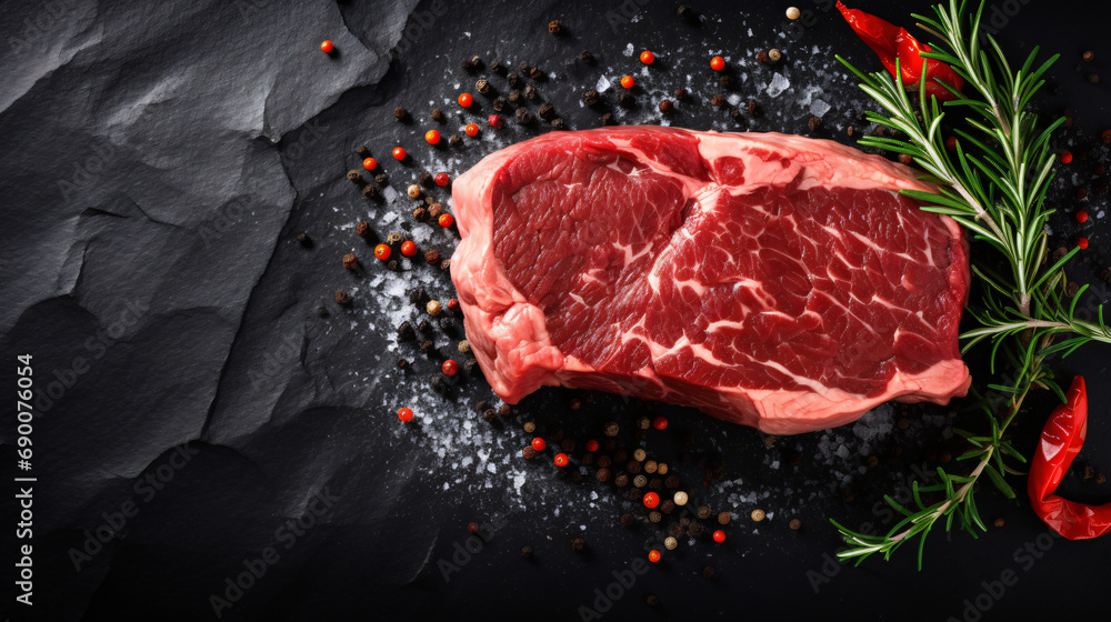 Raw meat beef steak on black top view