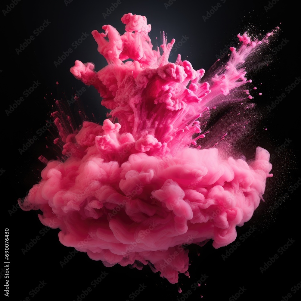 A pink colored paint explosion on a black background. A pink colored paint explosion on a black background.