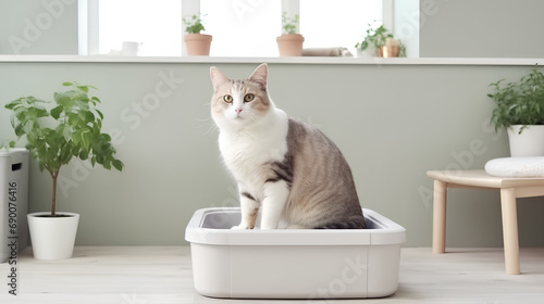 The cat goes to the toilet in a tray with filler. Animals and hygiene. photo