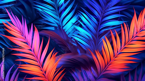 Tropical palm leaves in a bright neon gradient, holographic colors.