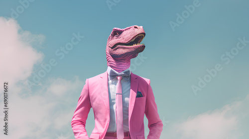 A fun party with a funny funny strange man in a dinosaur mask having fun.