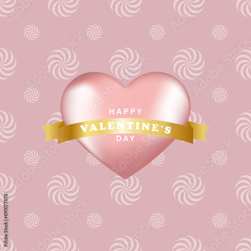 Cute square Valentine's Day card with a voluminous pink heart and a gold ribbon with the inscription