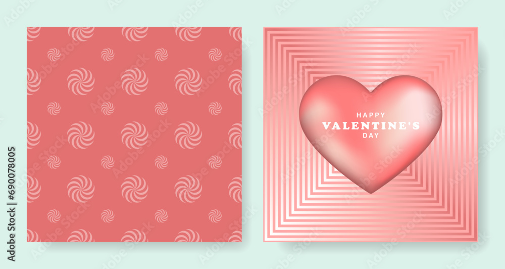 A set of cute square Valentine's Day cards with a 3D heart. Pink seamless pattern, cover, background