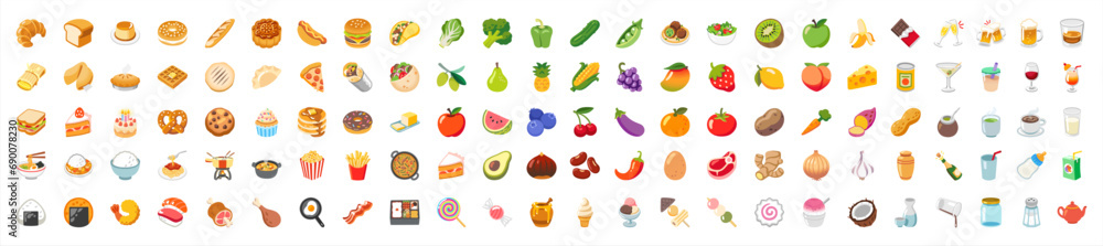 Food and fruit vector emoji illustration. Food and beverages, fruits symbols, emojis, emoticons, stickers, icons Vegetables, cakes, vector illustration flat icons set, collection. Vector illustration. - obrazy, fototapety, plakaty 