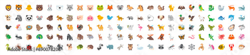 Set of animal and animal faces, face emojis, stickers, emoticons. Vector illustration.