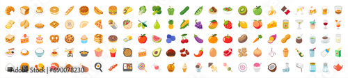 Food and fruit vector emoji illustration. Food and beverages, fruits symbols, emojis, emoticons, stickers, icons Vegetables, cakes, vector illustration flat icons set, collection. Vector illustration.