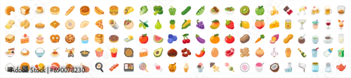 Obraz Food and fruit vector emoji illustration. Food and beverages, fruits symbols, emojis, emoticons, stickers, icons Vegetables, cakes, vector illustration flat icons set, collection. Vector illustration.