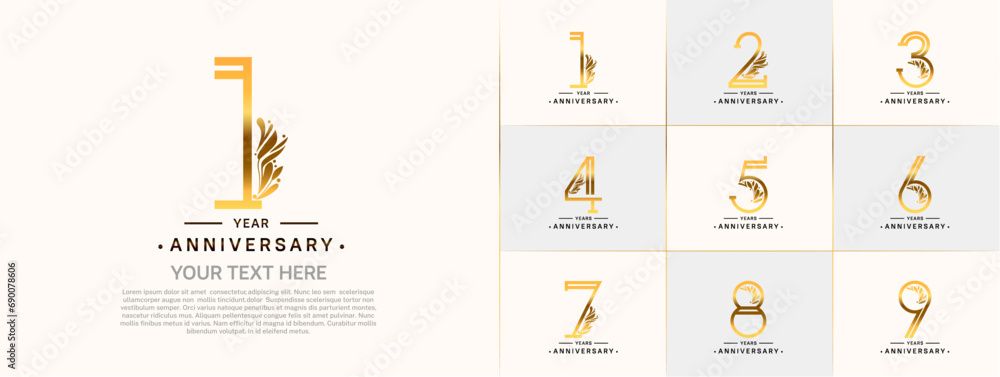 set of anniversary logotype golden and black color and ornament for special celebration event - obrazy, fototapety, plakaty 