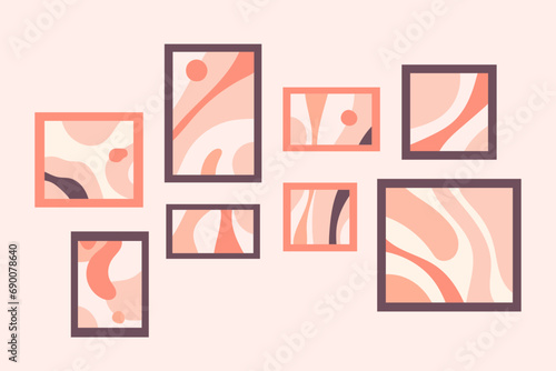 Interior paintings with abstract drawings of peach fuzz figures for the design of the living room and other rooms of the house, painting, trendy color.