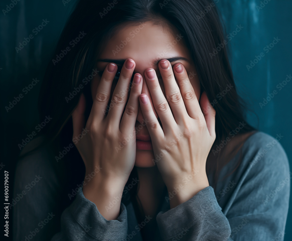 Upset woman hiding face with hands, shallow depth of field, emotional distress
Upset woman hiding face with hands, shallow depth of field, emotional distress