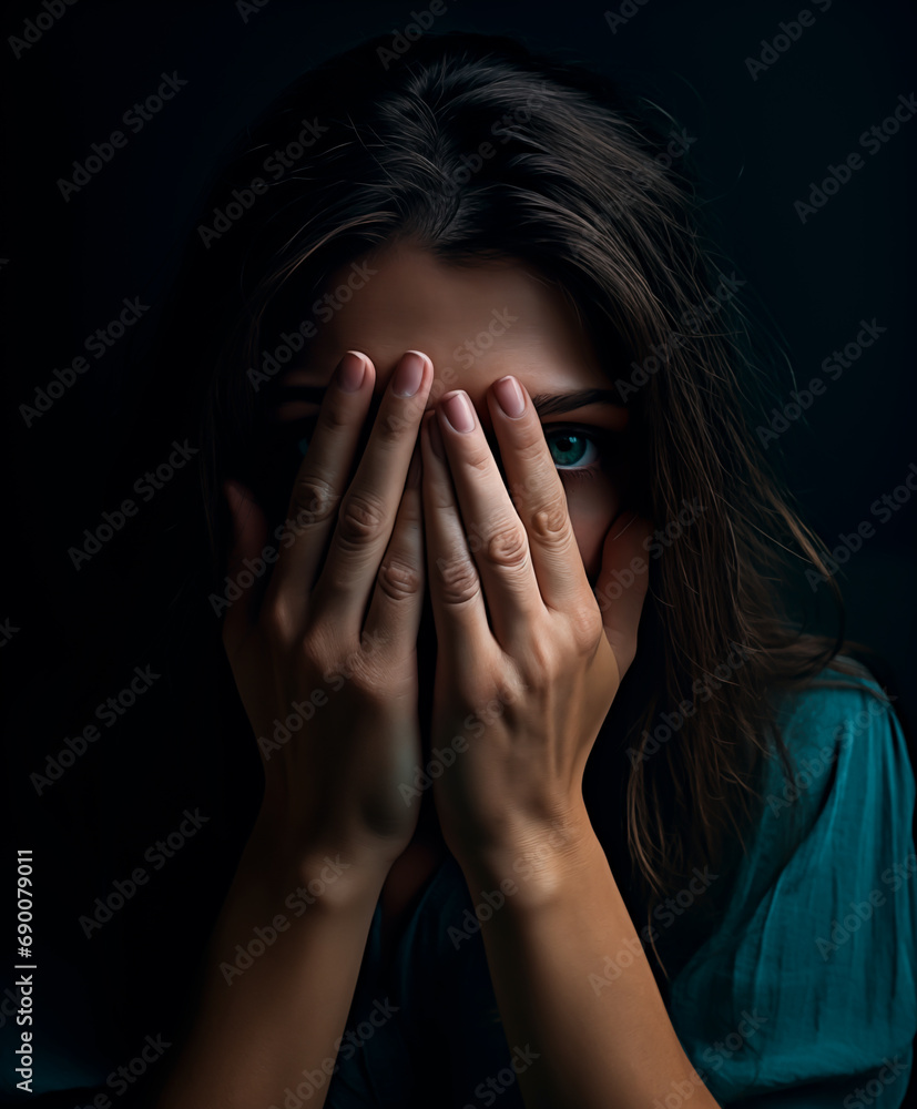 Fearful woman peeking through fingers, concept of vulnerability and anxiety
Fearful woman peeking through fingers, concept of vulnerability and anxiety