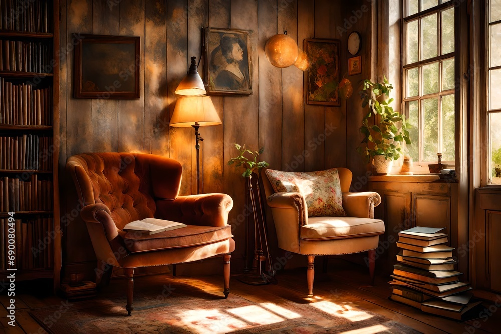 A cozy reading nook bathed in warm sunlight, with a vintage armchair and a stack of well-loved books.