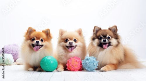 Pomeranians with pet toys