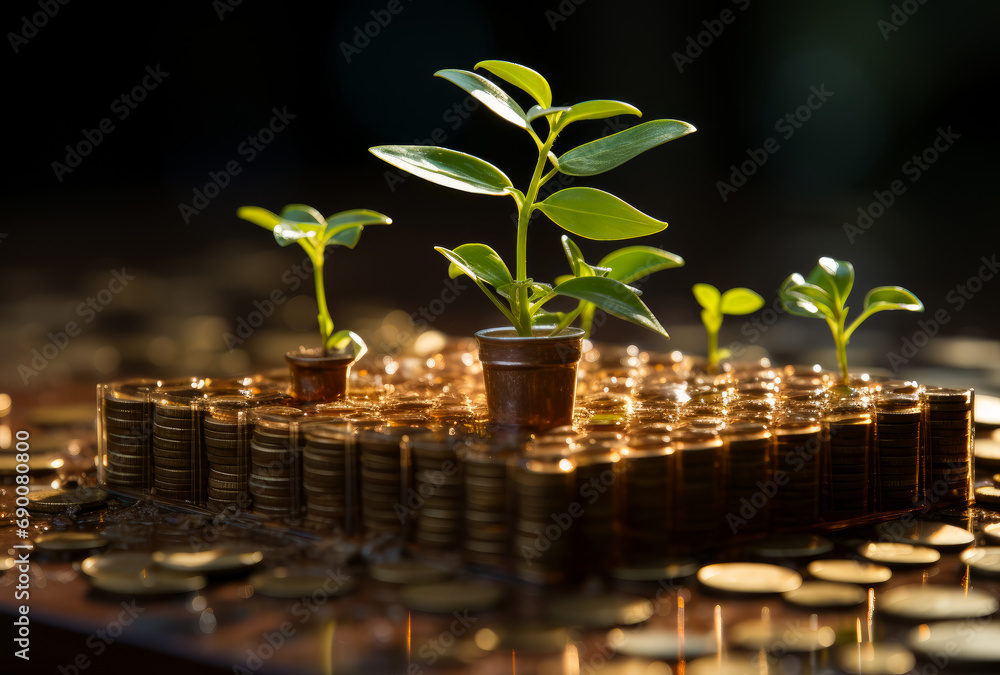 A wooden block. A plant growing out of a pile of coins A wooden block. A plant growing out of a pile of coins