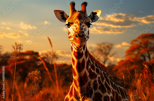 Giraffe standing in the meadow at sunset on paper. A giraffe standing in the middle of a field © Vadim