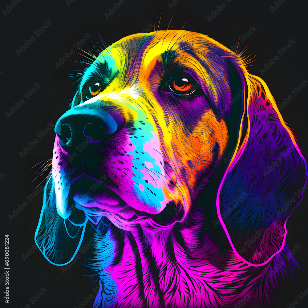 Beagle dog puppy in abstract, graphic highlighters lines rainbow ultra-bright neon artistic portrait, commercial, editorial advertisement, surrealism. Isolated on dark background	
