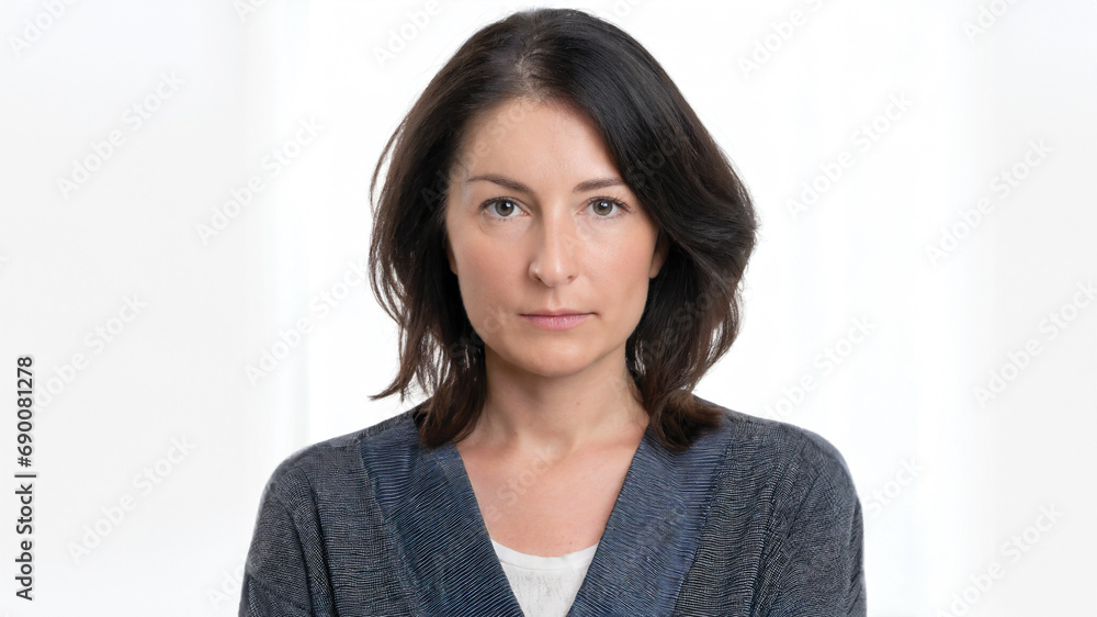 Confident woman, black hairs, black eyes. Isolated on white background. Generated AI tool used. Confident woman, black hairs, black eyes. Isolated on white background. Generated AI tool used.