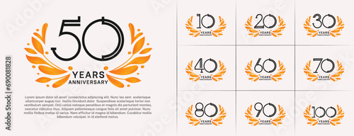 set of anniversary logotype black color and orange ornament for special celebration event