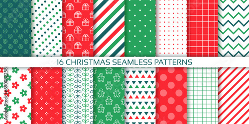 Christmas seamless pattern. Holiday background. Xmas textures with zigzag, polka dot, check, stripes. Set of red green prints. Retro New year wrapping paper. Scrapbook design. Vector illustration