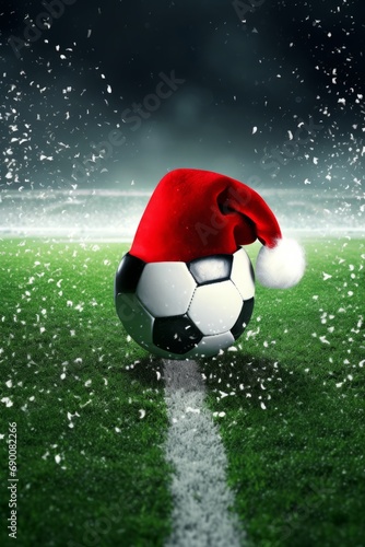 Soccer ball with Santa hat and snow blowing on the soccer field. © Dragan